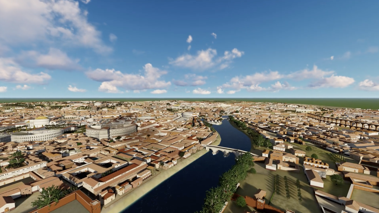 Vista a volo d'uccello della ricostruzione di Roma antica modellata con SketchUp.