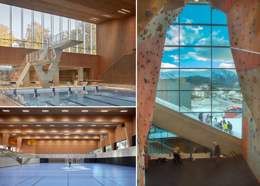 Interni della Ulstein Arena: palestra di roccia, palazzetto dello sport e biblioteca