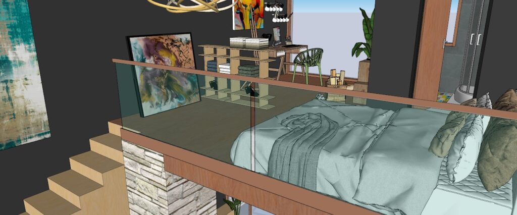Stanza da letto in soppalco progettata con SketchUp Vista 3D.