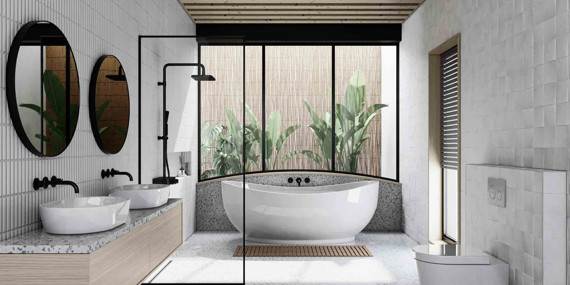 Esempio di rendering fotorealistico del bagno con toni naturali.