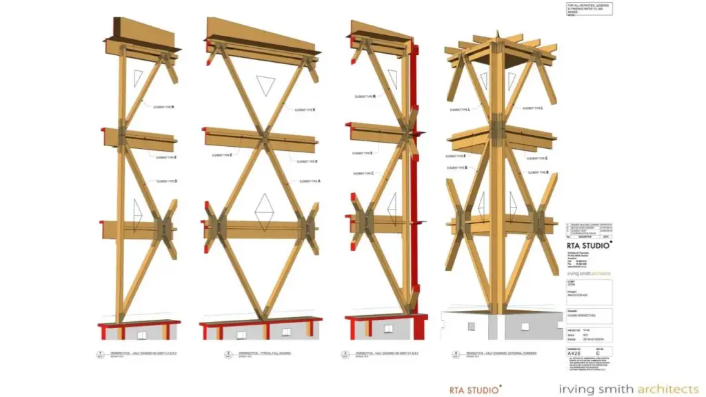 Serie di dettagli della costruzione in legno.