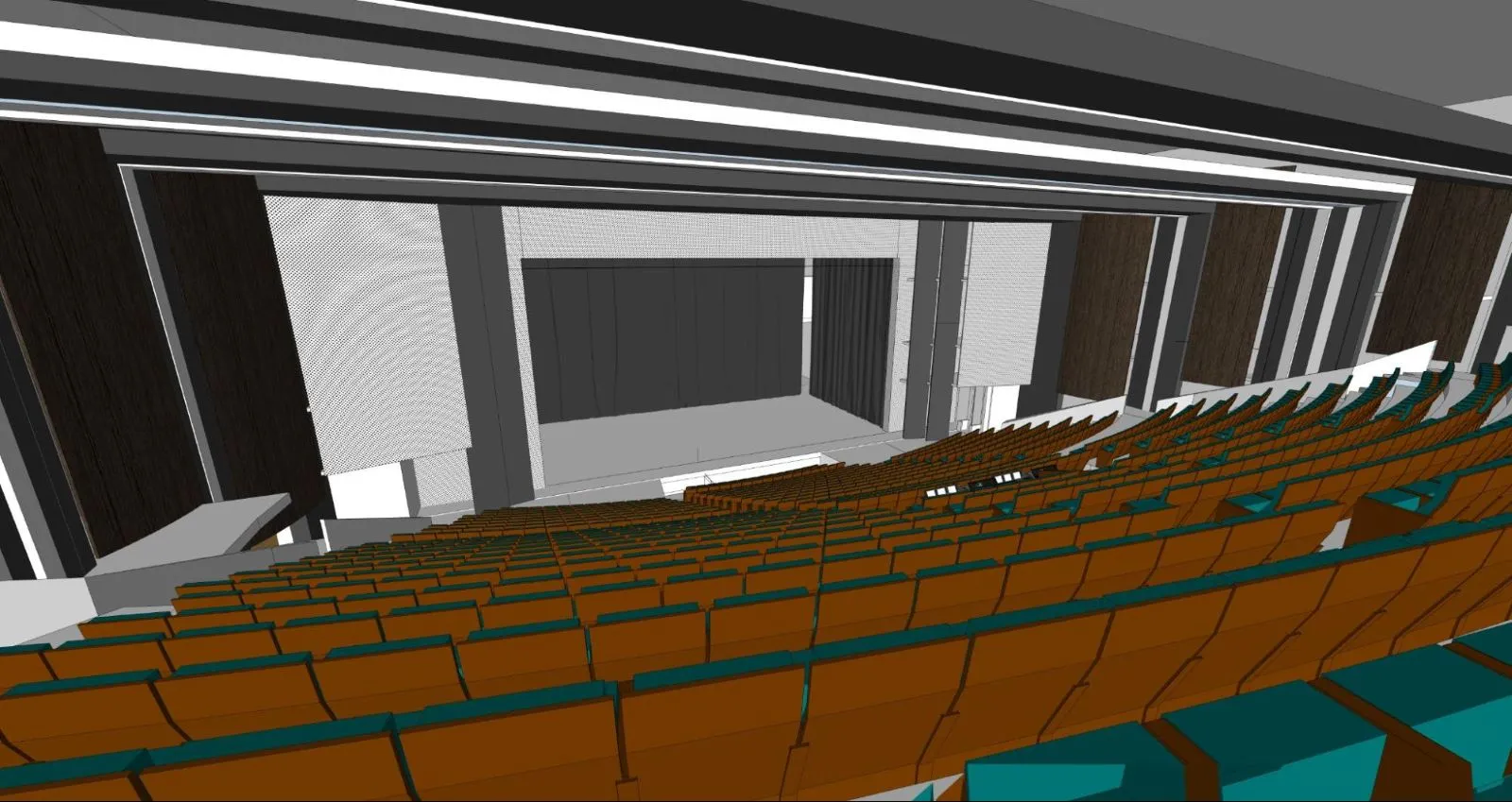 Vista SketchUp interno dello spazio per spettacoli del Chaillot National Dance Theatre.