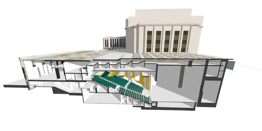 Vista di SketchUp del teatro sotterraneo del Chaillot National Dance Theatre.